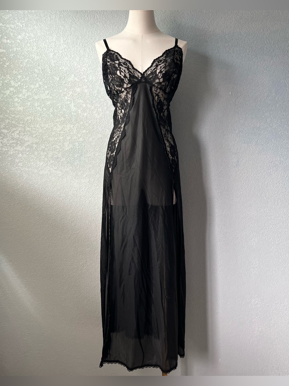 Vintage 90s Black Lace Sheer Maxi Nightgown Size 2X USA Romantic Lingerie